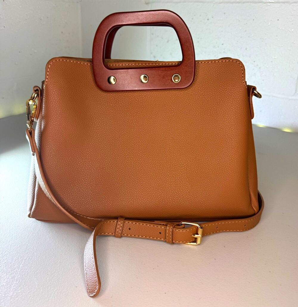 madison west brown vegan leather satchel crossbody bag wood handles